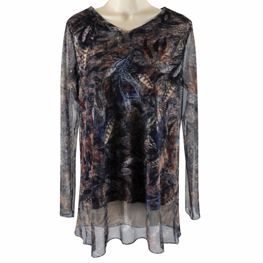 Compliments Brown Feather Leaf Print Tunic Blouse Women’s Medium